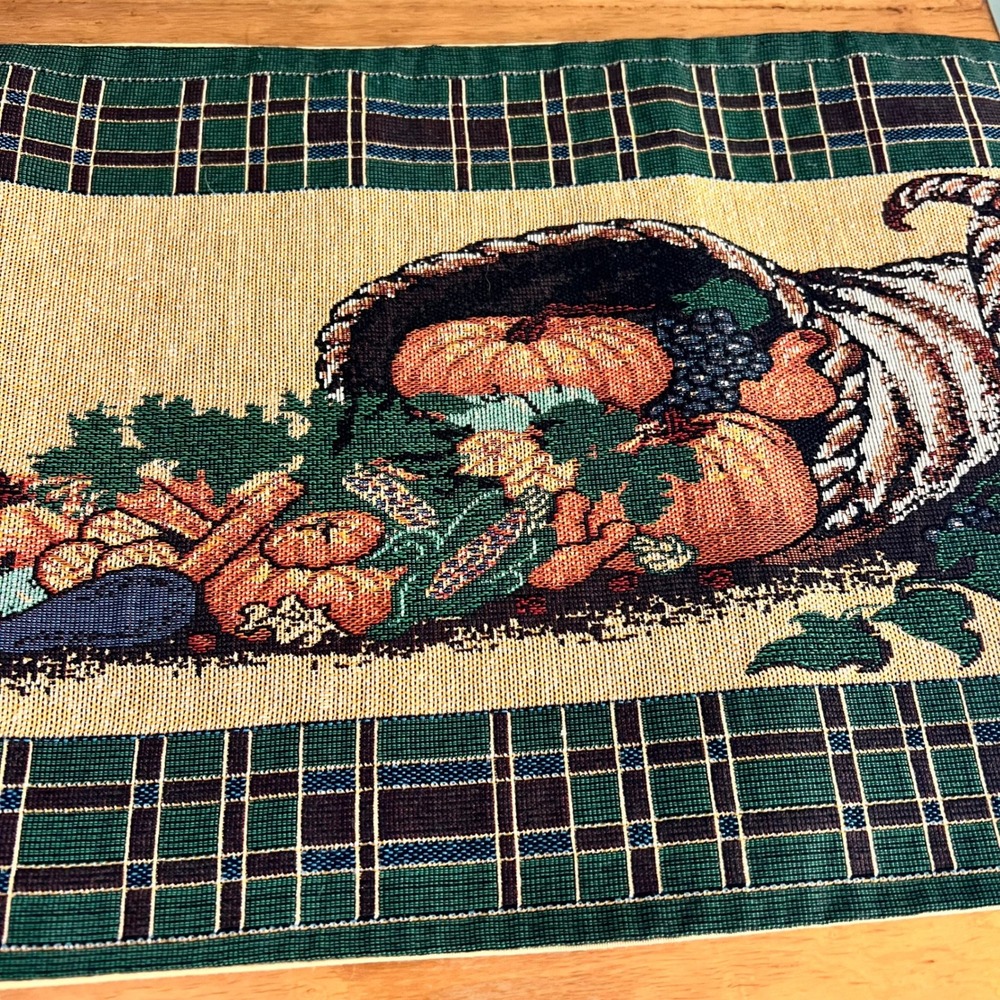 Harvest Cornucopia Woven Tapestry Table Runner Plaid Tassel Fringe 71x13 - Picture 2 of 6